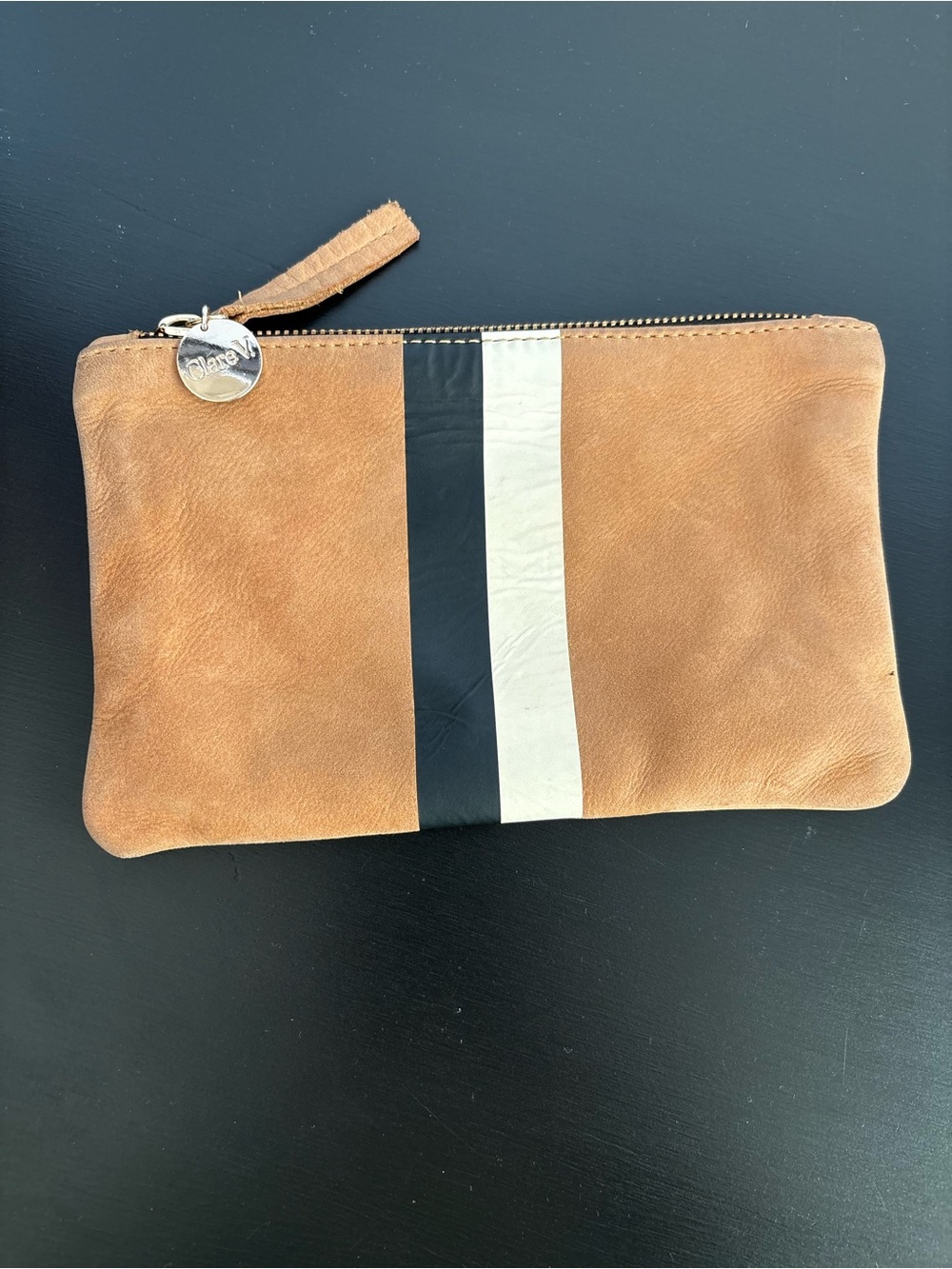 Clare V Flat Clutch, Camel Nubuck Leather, Stripes, Small Bag, Minimalist Anthro